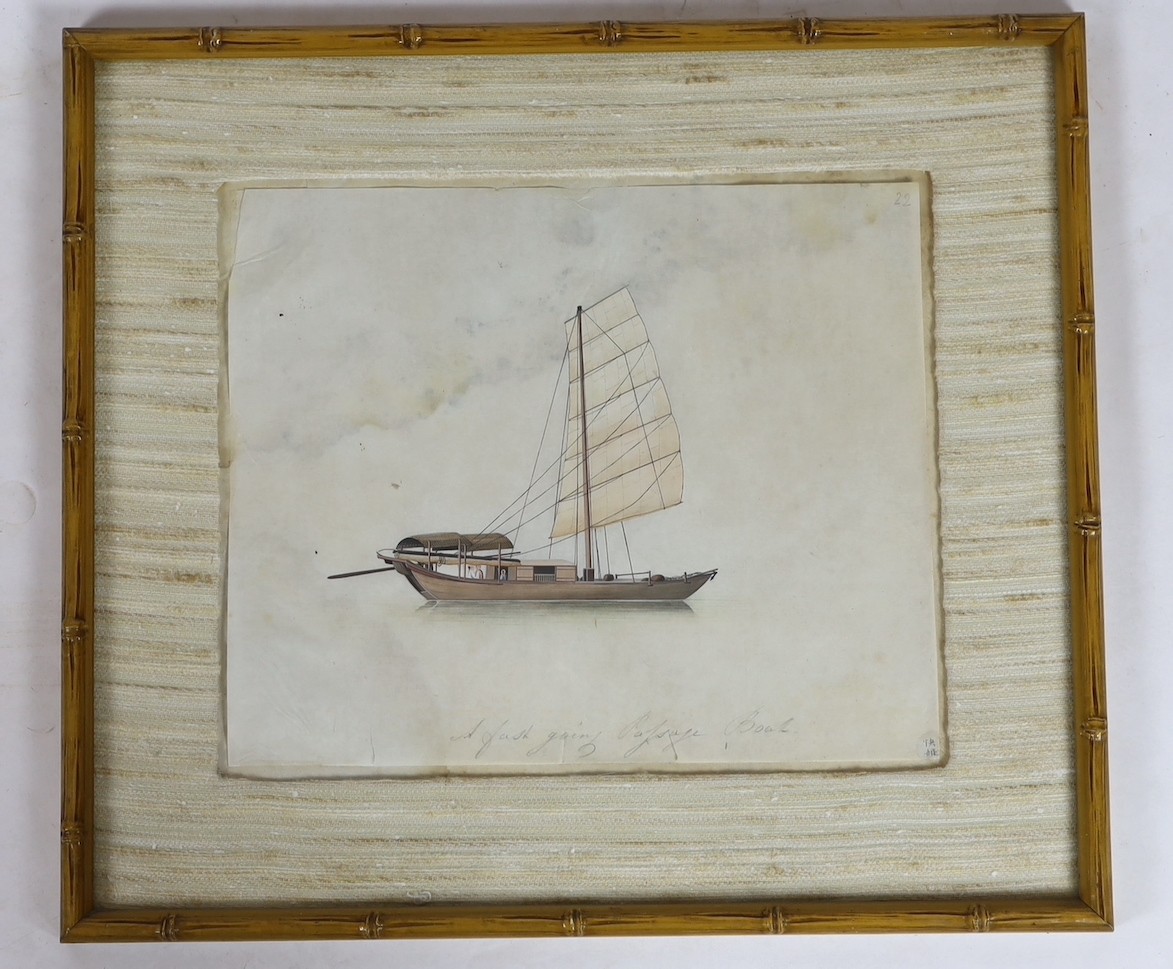 19th century Chinese School, nine gouaches on pith paper, Studies of water-going vessels, inscribed in Chinese and titled in English, giving the names and uses of the various vessels, 29 x 34cm